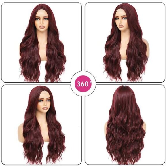 Long Wavy Middle Part Wine Red Wig Natural Looking - Picture 3 of 7